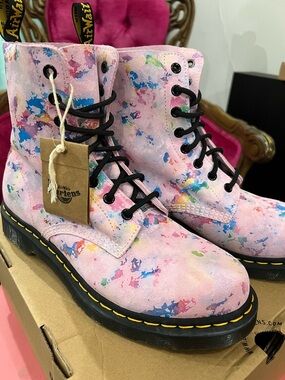 Dr. Martens Pink Multicolor Paint-Splatter 8-Eye Lace-Up Boots